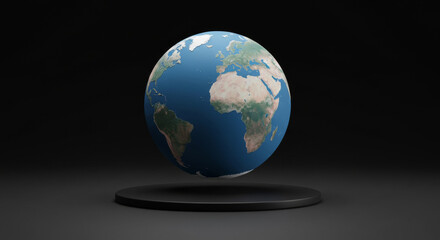 Fototapeta premium 3D model of Earth on a black pedestal in a dark setting. Educational globe resting on a black circular display with no other objects or background elements.