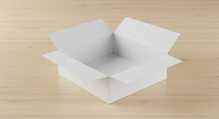 Empty white cardboard box open on light wooden surface. Empty box open, ready for product display. Packaging product. online store. home office -