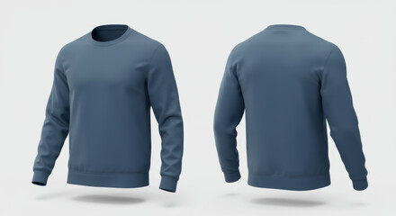 Men's slate blue crew neck sweatshirt, front and back views, on plain white background. Blank sweatshirt ready for design mockups for apparel store.