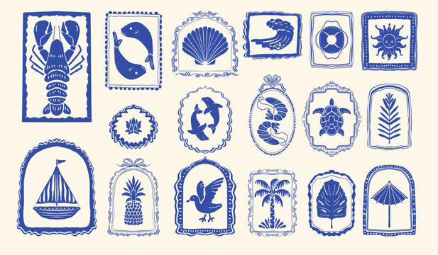 A stunning set of framed blue and white illustrations featuring marine and tropical elements such as waves, sea life, sailing boats, palm trees, and sunlit beach scenes, perfect for stylish designs 