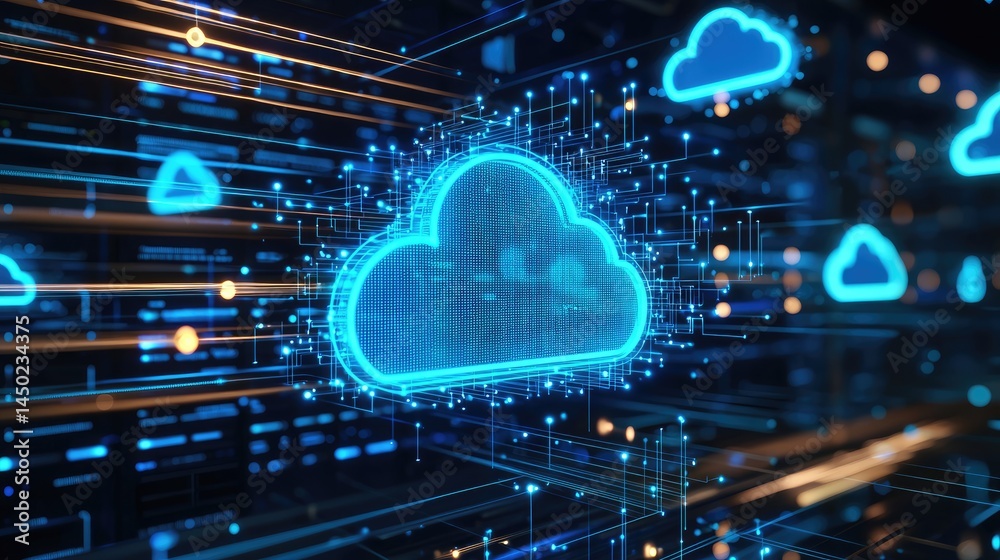 Poster Neon cloud computing visualization above digital server racks, ideal for cloud services, data flow design, and futuristic IT infrastructure