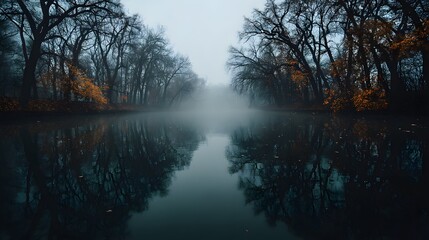 Misty River with Bare Trees and Foggy Reflections in Calm Water Surrounding Nature