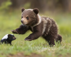 Fototapeta premium Playful Young Bear Cub and Skunk in a Natural Setting, Captivating Wildlife Moment in Lush Greenery, Adorable Interaction of Two Different Species
