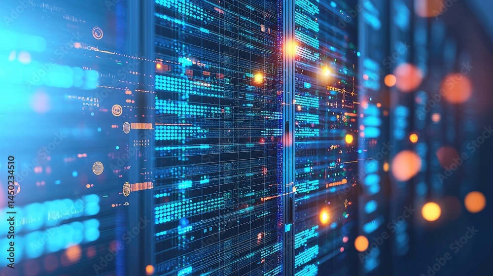 Poster Stylized glowing data lines and cyber interface overlaying server hardware, ideal for AI, machine learning, cybersecurity, and futuristic tech themes