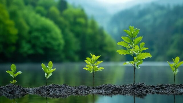rowing tree seedlings in wetland soil near water for environmental protection and sustainable reforestation, young plants in early growth stage