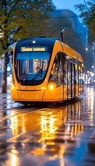 Modern yellow tram on wet city street at dusk, reflecting lights