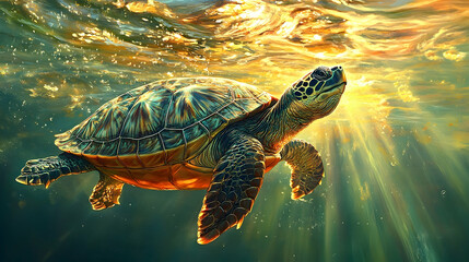Underwater view of a sea turtle swimming in sunlit water.