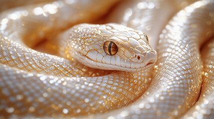 Fototapeta premium Captivating close-up of a pristine white snake resting on a soft, textured surface under warm ambient light