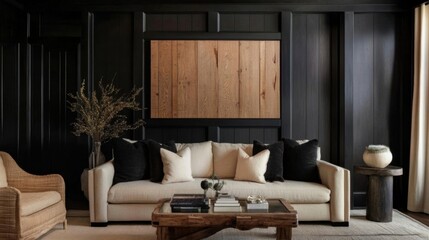 Rustic living room with beige sofa, dark wall paneling, and wooden artwork