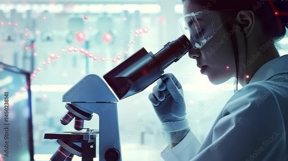 Poster in a bright laboratory setting, a scientist carefully peers through a microscope. the image captures