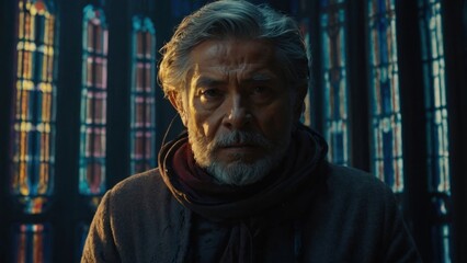 Portrait of an Asian senior man with gray hair stands against stained glass windows looking at the camera intently