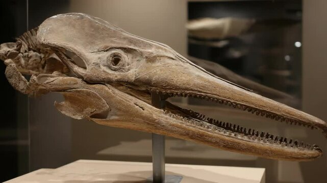 Fossilized skull of an Ichthyosaur displayed in a museum exhibit, showing its sharp teeth and structure.