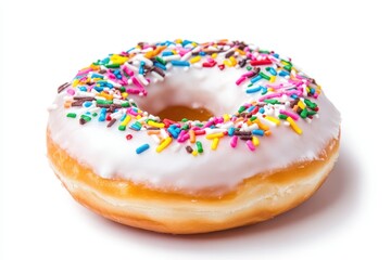 Colorful donut topped with sprinkles on a white background, perfect for dessert imagery