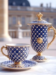 A blue and gold teacup and teapot with intricate detailing on a white table, with a blurred palace background