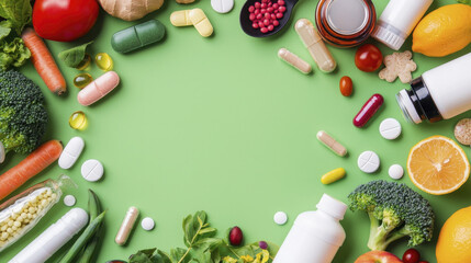 Fresh vegetables, fruits, and dietary supplements arranged green background, showcasing health and wellness. This vibrant display emphasizes