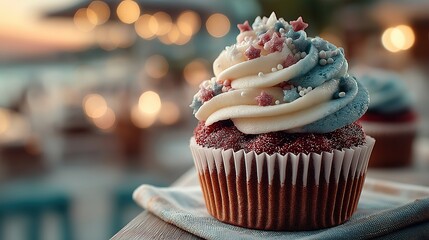 Red， white， and blue cupcake with star sprinkles， celebrating American Independence Day with festive joy.