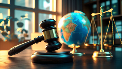 Global justice symbolized by gavel and scales in a courtroom setting with a world globe legal concept