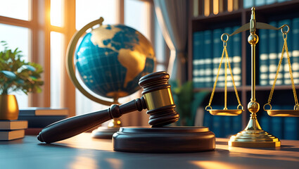 Gavel hammer with globe on on a table with office background Legal law, international law concept image