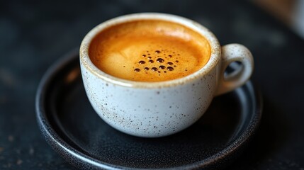 Cup of espresso on a saucer with dark background.