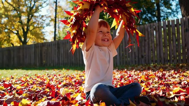 Child playing with autumn leaves in backyard
