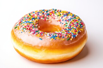 Colorful donut with pink icing and sprinkles on a white background, perfect for desserts (1)