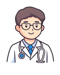 A cartoon doctor with a stethoscope, wearing glasses and a white coat, smiles kindly