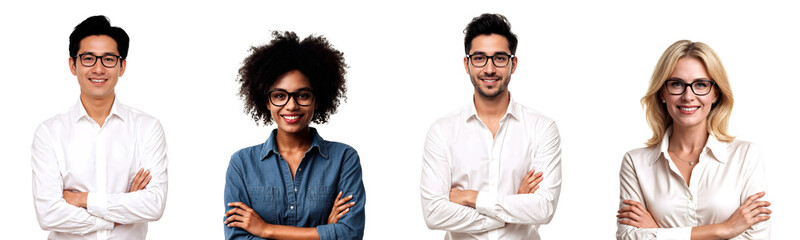 Four diverse professionals or students with folded arms and eyeglasses on transparent background. Suitable for business, education, teamwork, and inclusive commercial content.
