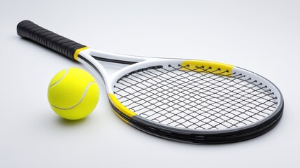 Tennis racket and ball close up on white background