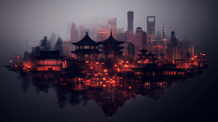 Fototapeta premium Modern city skyline with traditional architecture illuminated by warm lights at twilight