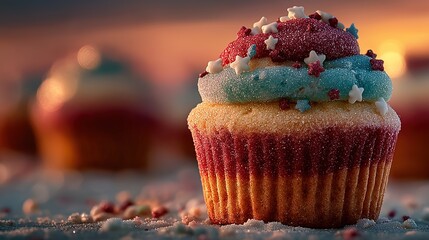 Red， white， and blue cupcake with star sprinkles， celebrating American Independence Day with festive joy.