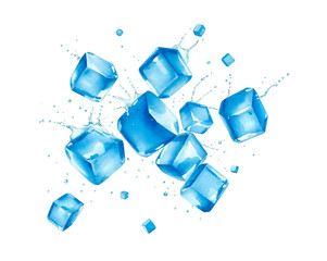 Realistic ice cube splash effect, flying water drops PNG isolated