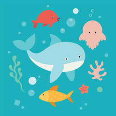 Seamless marine pattern with cartoon fish, octopus, starfish, and jellyfish, a vector illustration of underwater ocean life