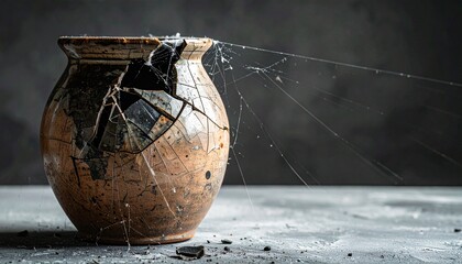 Broken ceramic vase with spiderweb cracks, dust settling on the surface, moody atmosphere.