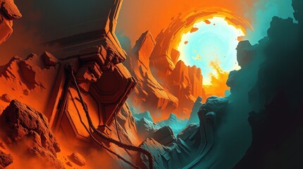 Vibrant, surreal landscape; orange and teal rock formations surround a glowing celestial body