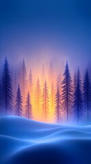 A hazy, blue-hued winter landscape with snow-covered hills and a line of tall, dark pine trees against a glowing orange sunrise