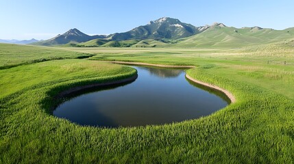 Serene Landscape with Rolling Hills and Tranquil Water Body in Green Grassland