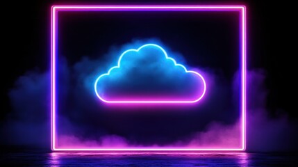 A 4K photo of blue and Purple Neon Light with Cloud Formation. Square shaped Fluorescent Frame in Dark.