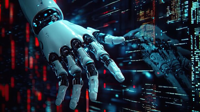 Robotic appendage approaching digital reflection amidst a coding backdrop