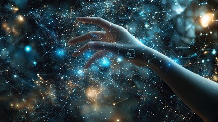 Interactive digital landscape, a hand touches the network of future technology