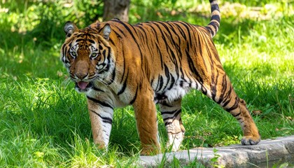 Obraz premium Majestic tiger walking through lush green habitat wildlife photography natural environment close-up perspective conservation awareness