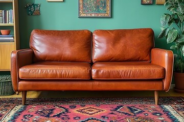 Brown Leather Two-Seater Mid Century Modern Sofa