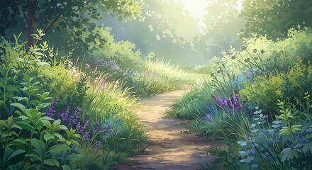 Enchanting Forest Path Scenery: Sunny Woodland Trail Through Green Foliage and Wildflowers Leading to Serenity and Natural Beauty Perfect for Outdoor Adventure