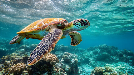Fototapeta premium Vibrant sea turtle glides through coral reef environment.