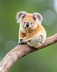 Adorable golden koala joey perched on a branch, gazing directly at the camera against a blurred green background
