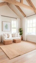 Bright room with vaulted ceiling, large windows, white sofa,  two ottomans, and a neutral rug