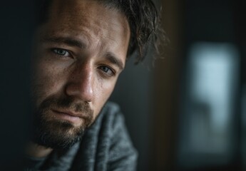 Fototapeta premium Pensive Caucasian man with beard gazes thoughtfully out a window in moody light.