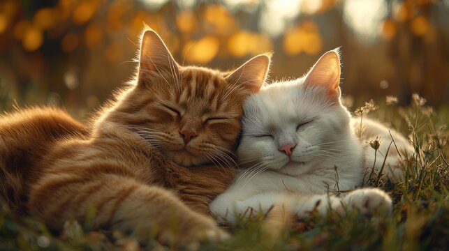 Two cats cuddling together in a grassy outdoor setting with blurred background.