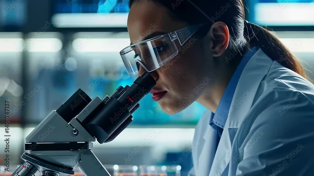 Poster female scientist in a lab coat and safety glasses looks into a microscope. she is conducting scienti