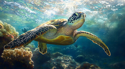 Obraz premium Submerged sea turtle gracefully swimming in coral reef.