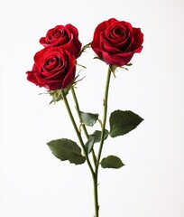 Naklejka premium Three Elegant Red Roses on a Simple White Background Perfect for Celebrating Love, Romance, and Special Occasions in Floral Design or Arrangements